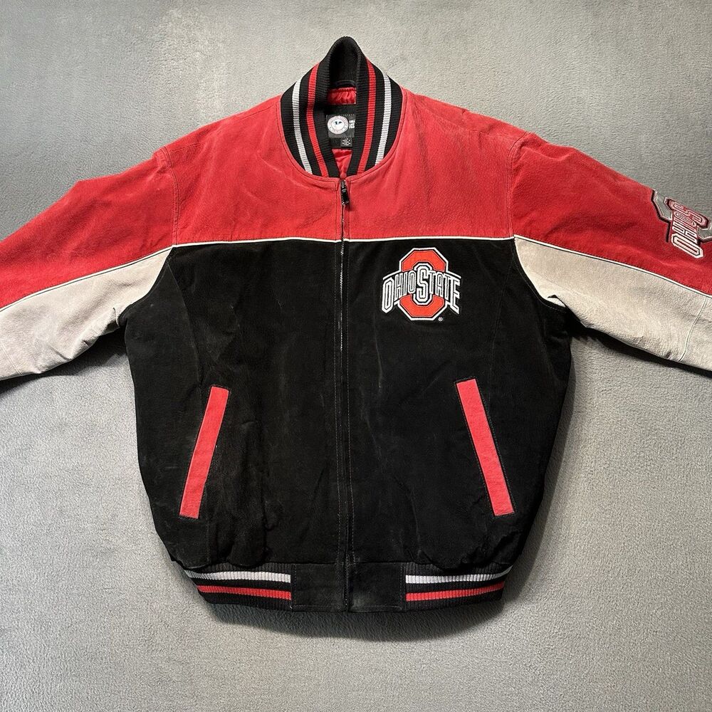 G-III Sports Mens L Ohio State Buckeyes Leather Jacket Full Zip Red Black OSU